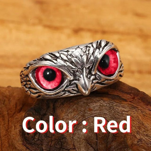 Eulenring Vintage, Metall, Silber, rot, Unisex - Bild 1