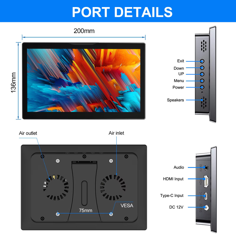 UNEW 8 Zoll Raspberry Pi 5 LCD-Touchscreen Display mit 1280 x 800 Auflösung, HDMI und USB, Schwarz, inklusive eingebautem Lüfter und Lautsprecher - Bild 5