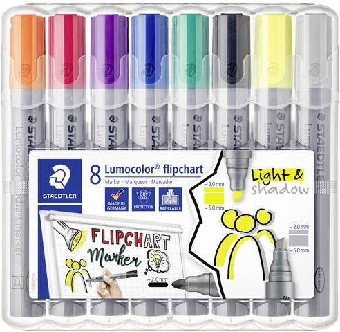 Staedtler Lumocolor 356 Flipchartmarker Set, 8 Stück, farbsortiert, mit Rundspitze 2 mm und Keilspitze 2-5 mm - Bild 1