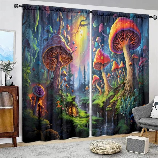 2er-Set Vorhang mit Zauberpilz-Druck in Grau, halbtransparentes Fensterdekor aus Polyester für Wohnzimmer, Schlafzimmer und Küche, Breite: 52,5 cm, Höhe: 116 cm - Bild 1