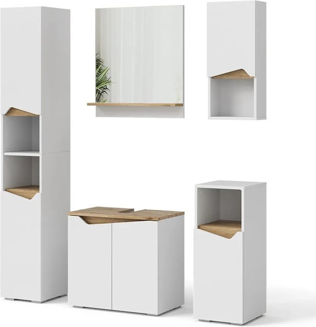 Vicco Badmöbel-Set Marelle Weiß, 5-teiliges Badezimmer-Set mit Waschtischunterschrank, Badspiegel, Midischrank, Hängeschrank und Hochschrank - Bild 2
