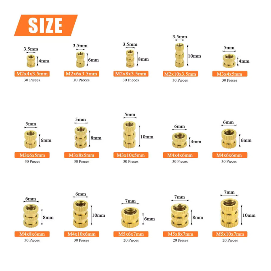 420er Set Messing Einbettmuttern für 3D-Drucker mit M2, M3, M4 und M5 Gewinde in Gold - Bild 2