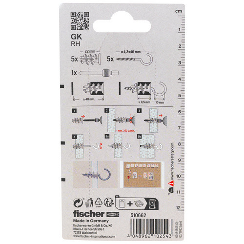 Fischer Gipskartondübel GK mit Haken aus Nylon und Stahl, silberfarben, Länge: 22 mm - Bild 2