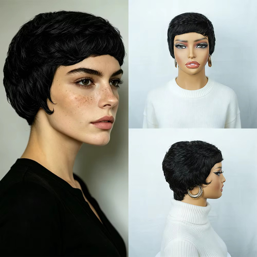 OYM HAIR Pixie-Cut-Perücke, brasilianisches Echthaar, schwarz, glatt - Bild 2
