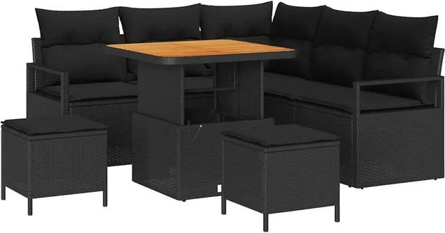vidaXL Garten-Sofa-Set 8-teilig aus Poly Rattan und Akazienholz in Schwarz mit Kissen - Bild 1