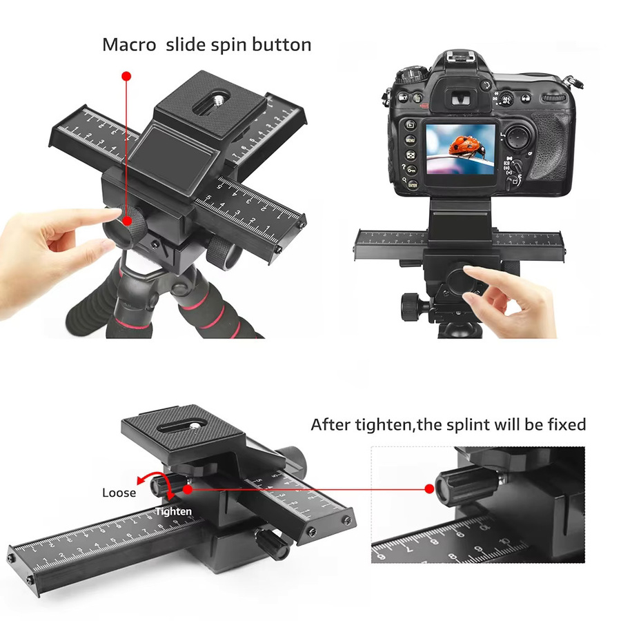 RYH 4-Wege-Makro-Fokussierschiene in Schwarz für Canon, Sony, Nikon und Pentax mit Stativkopf und 1/4-Zoll-Schraube für DSLR-Kameras - Bild 5