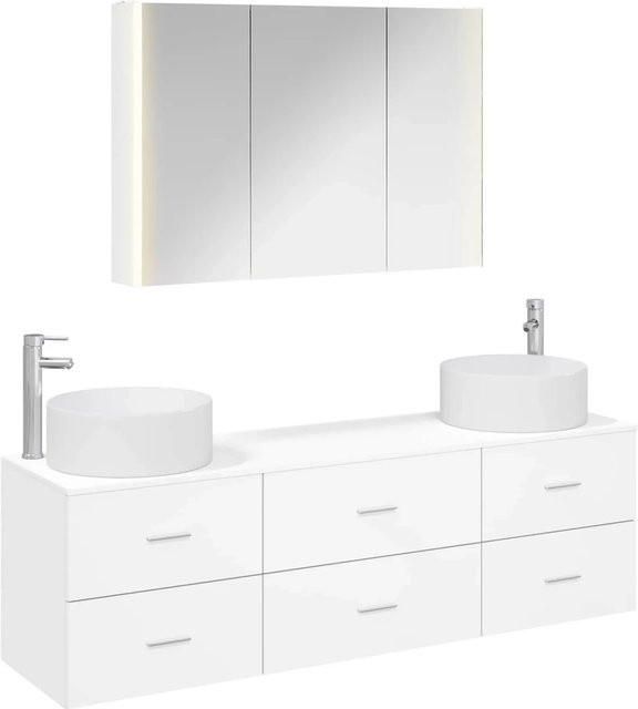 vidaXL Badezimmermöbel-Set 4-teilig in Weiß mit Waschtisch und Spiegelschrank aus Holz und Glas mit LED-Beleuchtung - Bild 1