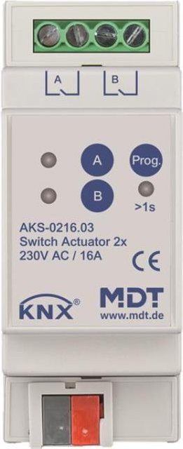 MDT technologies Schaltaktor 2-fach 2TE REG, 16A, 230VAC, Farbe: Weiß, AKS-0216.03 - Bild 1