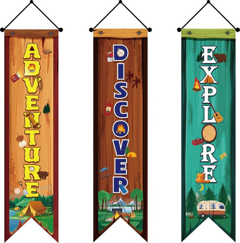 3er-Set Camping Party Banner mit Motivationswörtern und Willkommen-Schriftzug, mehrfarbig, rustikaler Textil-Wimpel für deine Wohnmobil-Dekoration - Bild 1