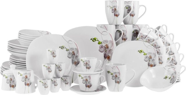 CreaTable Kombiservice Square Orchidee aus weißem Porzellan, 62-teilig, florales Design - Bild 1