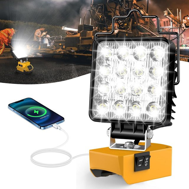 WAAJEA LED Arbeits-Flutlicht mit USB und Typ-C Ladefunktion für Dewalt und Milwaukee Akkus, Schwarz - Bild 1