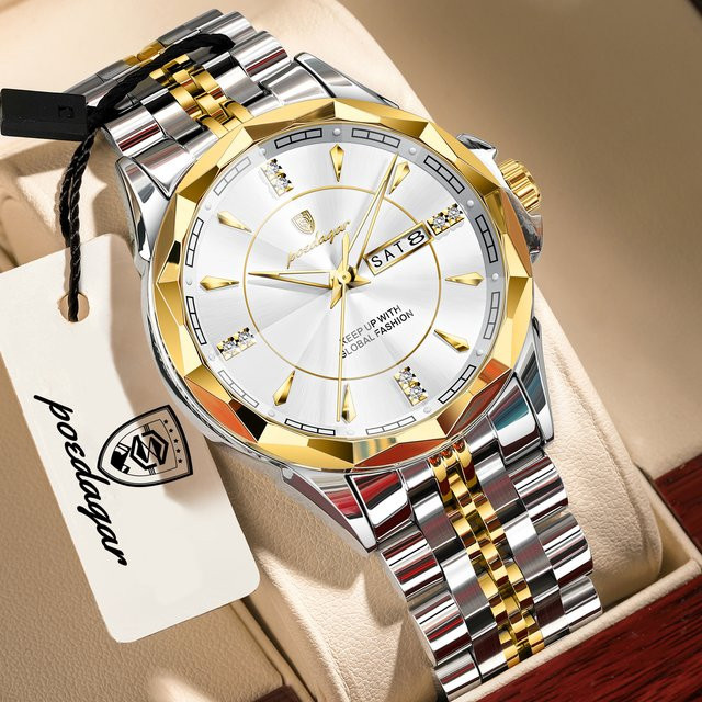 POEDAGAR Herren-Armbanduhr Edelstahl, Quarz, Gold, Datum, Wochentag - Bild 1