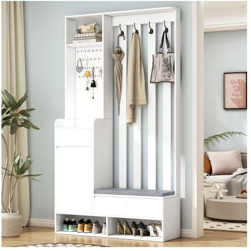 Schuhschrank MUVOE Modern Weiß mit integrierter Sitzfläche und Schubladen, H: 180 cm, B: 100 cm, T: 35 cm - Bild 1