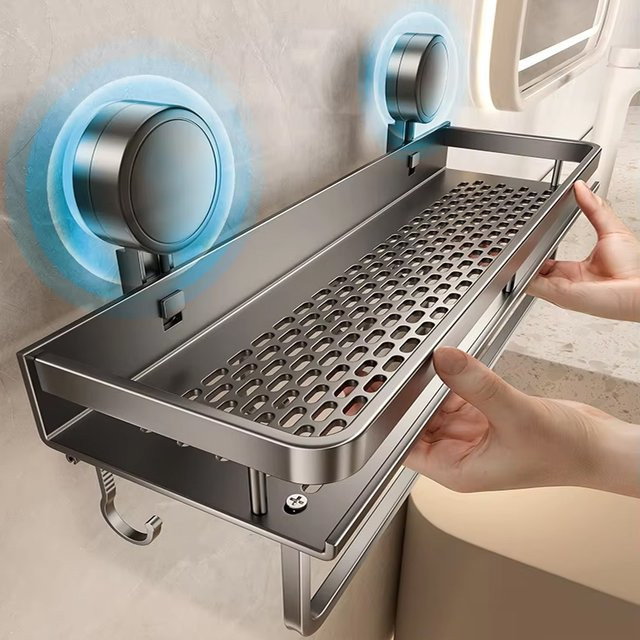 YUNJIEYA Badezimmerregal aus Aluminium mit Saugnapf zur Wandmontage ohne Bohren, Farbe: Silber/Grau - Bild 1