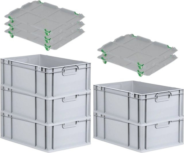 PROREGAL SparSet 5x Eurobox NextGen Grip mit Auflagedeckel und 4 grünen Schiebeschnappverschlüssen, Grau, H x B x T: 22 x 40 x 60 cm, 44 Liter - Bild 1