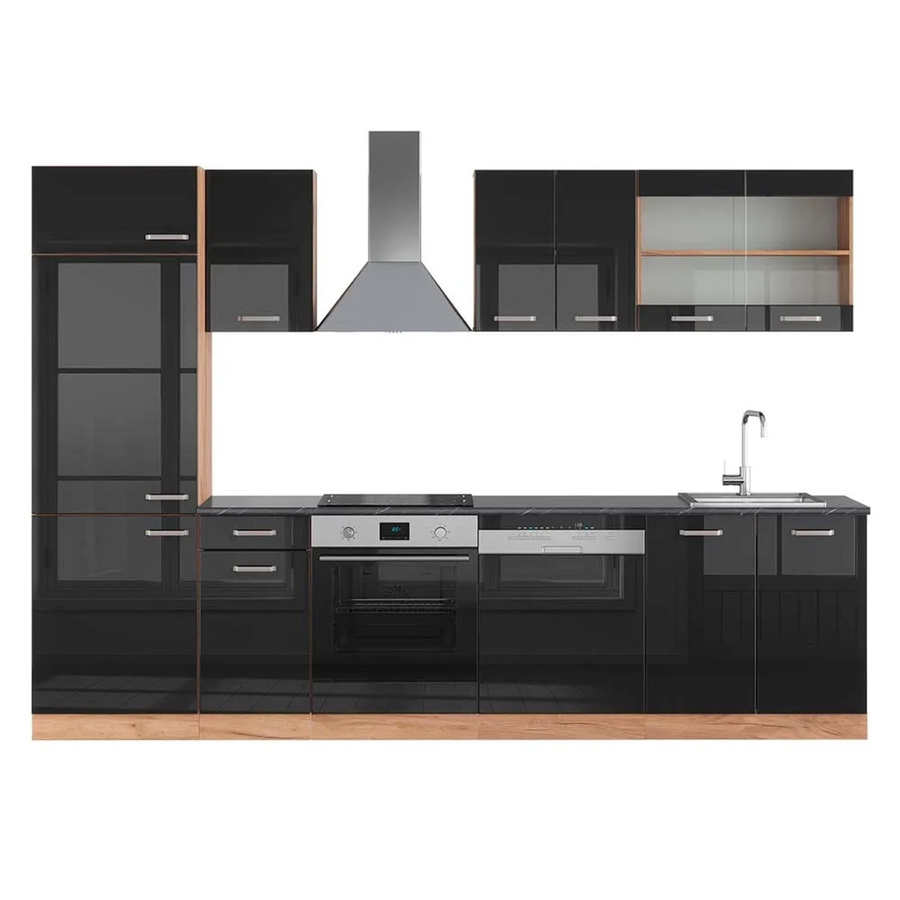Vicco R-Line Küchenzeile modern in Schwarz Hochglanz und Goldkraft Eiche mit Anthrazit, B/T/H: 300 x 60 x 207 cm - Bild 2