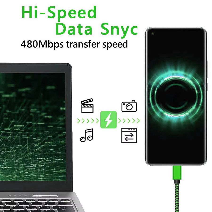 USB Typ C Kabel für Samsung Android Handys, Nylon geflochtenes Schnellladekabel mit Daten-Sync, 2,4 A, Weiß und Grün - Bild 3