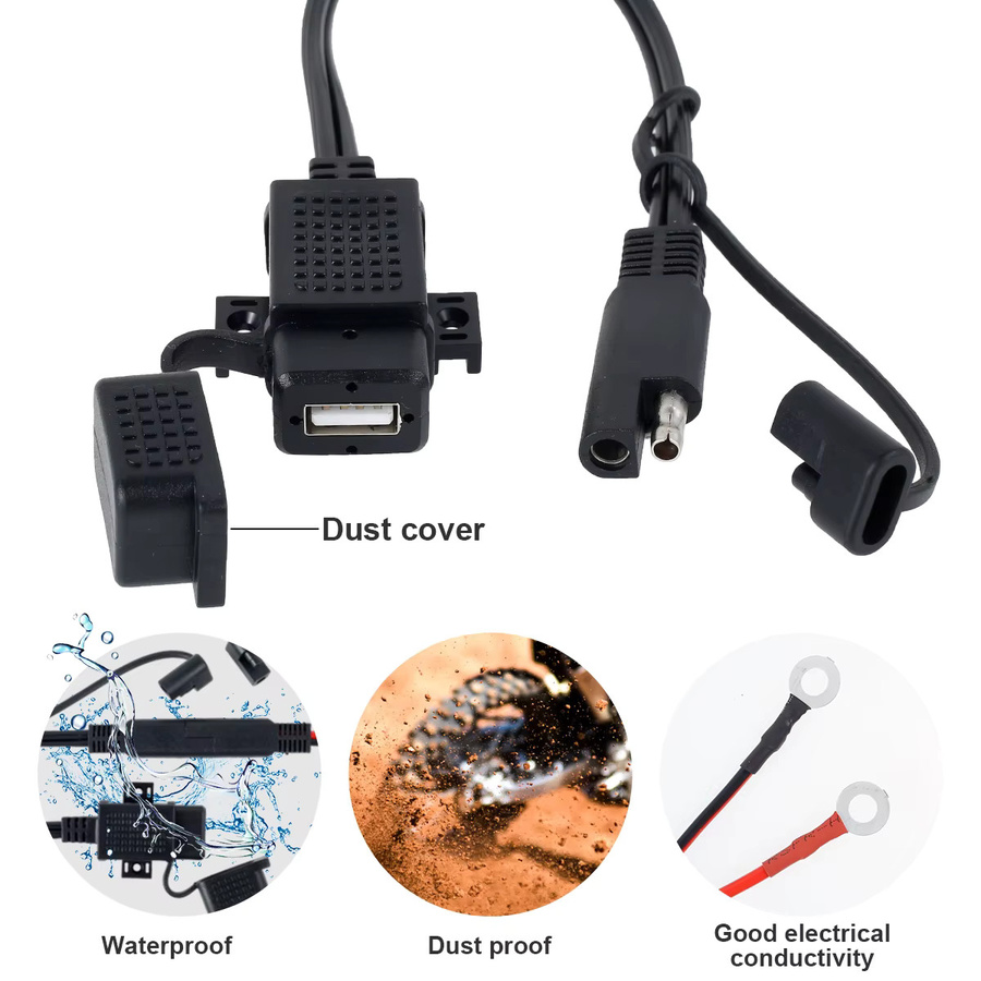 Professionelles Motorrad-USB-Ladegerät mit SAE-zu-USB-Adapter 5V/2.1A und wasserdichter Abdeckung in Schwarz - Bild 2