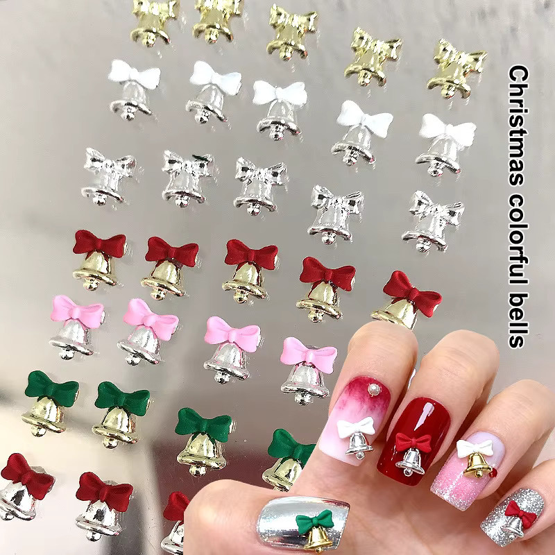 3D-Nagel-Charms mit Strasssteinen, 5 Stück, Schleife und Glocke, Glänzend - Bild 1