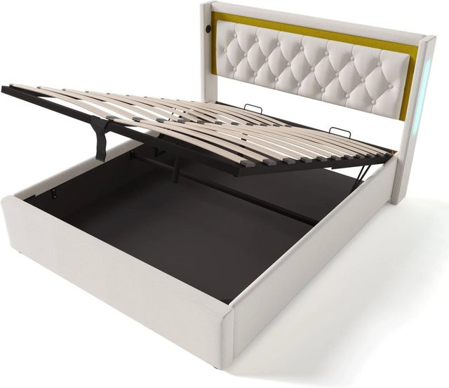okwish Polsterbett mit LED-Beleuchtung, USB-Anschluss und Stauraum, Farbe: Beige, B/T/H: 140 x 200 x 104 cm - Bild 1