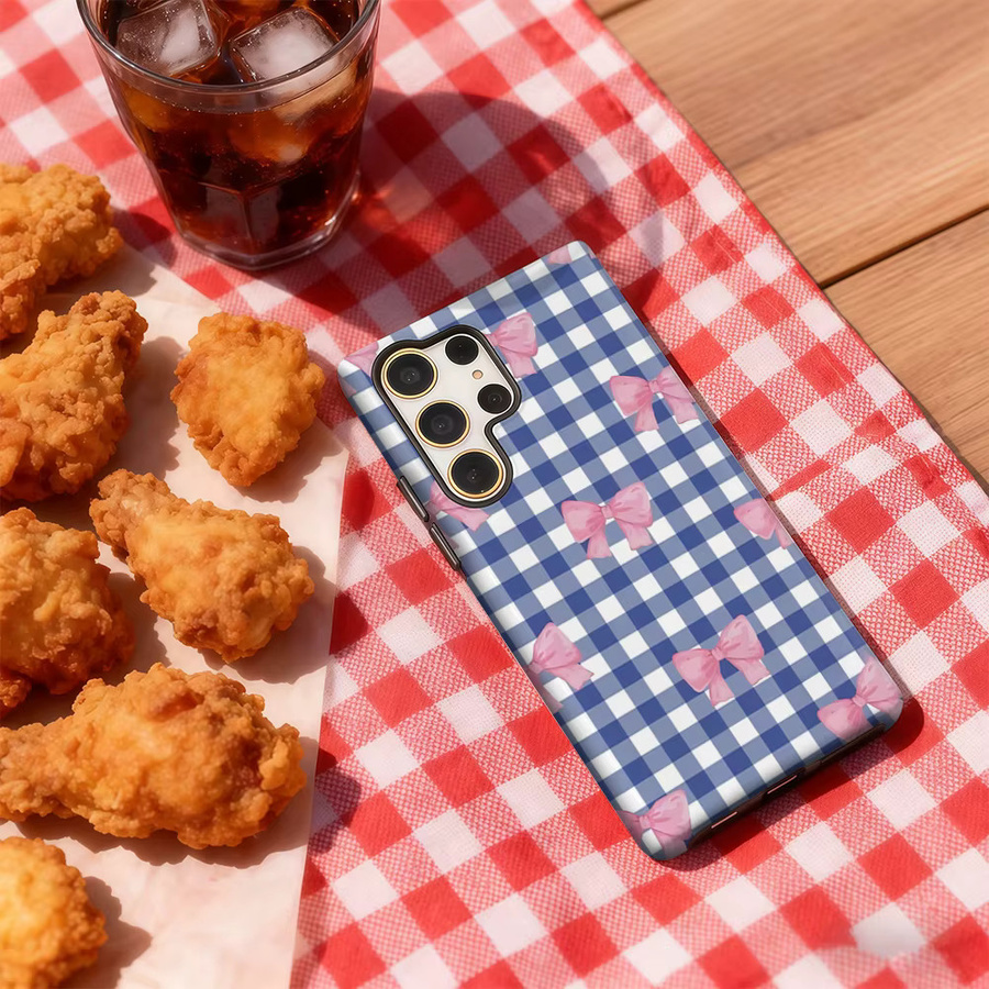 Stoßfeste Gingham Bow Flush Handyhülle für Samsung Galaxy S25 Ultra, S24 und S23 Ultra Plus in Blau mit doppellagiger Rückseite - Bild 4