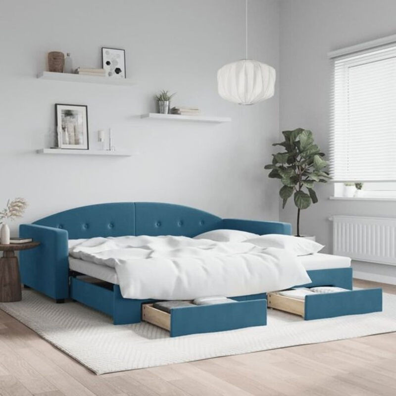 Ausziehbares Funktionsbett Vidaxl mit Schubladen aus Samt und Metall in Blau, B/T: 100 x 200 cm - Bild 1