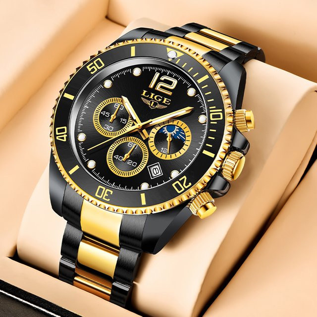 LIGE Armbanduhr Chronograph, Edelstahl, Schwarz, Quarz, Herren - Bild 1