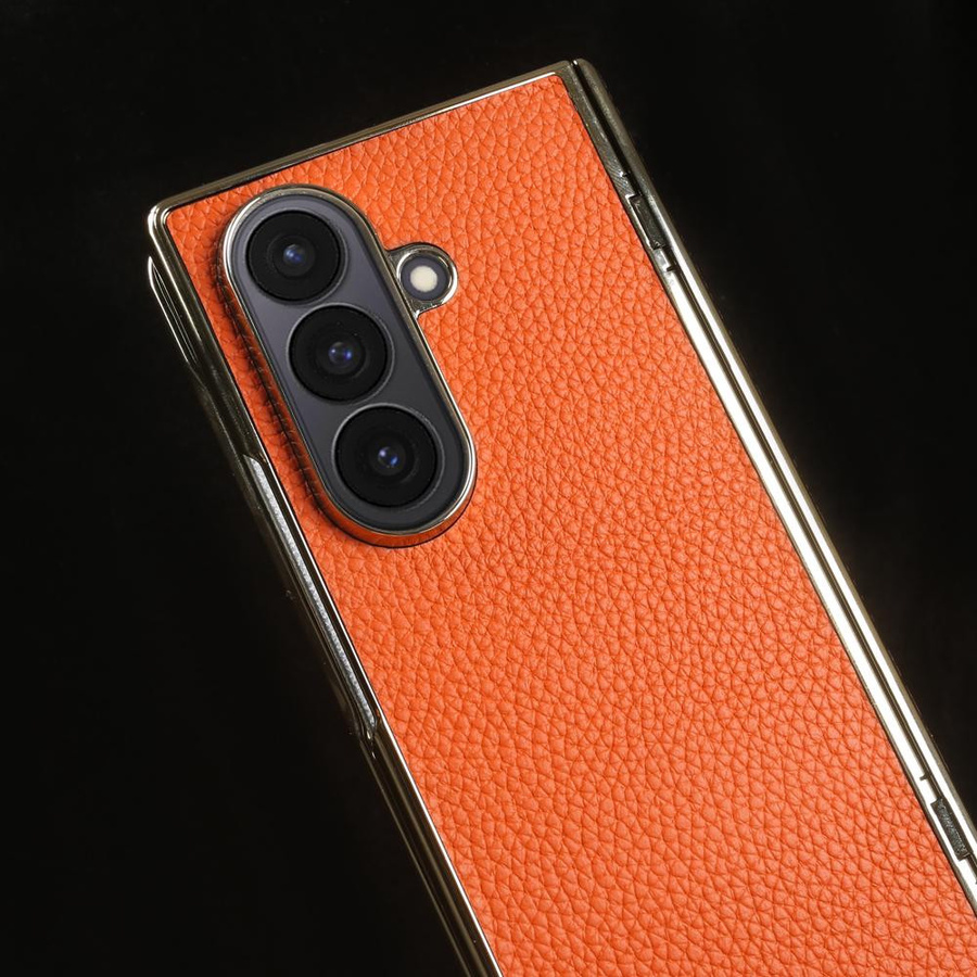 Lychee Echte Lederhülle für Samsung Galaxy Z Fold 7 6 4 3 in Orange - Bild 3