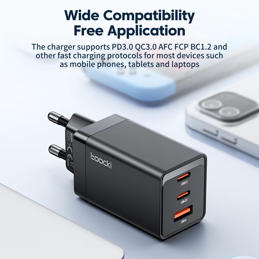 Toocki 67 W USB-Ladegerät mit 3 Ports und QC Schnellladefunktion, Wandadapter mit USB-C, Farbe: Schwarz - Bild 3