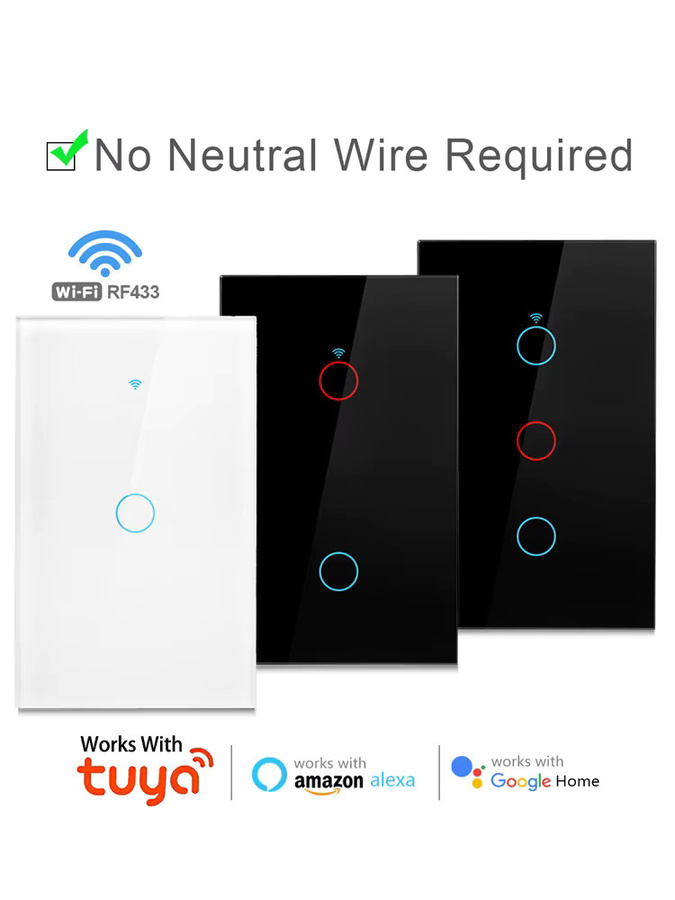 QNCX Smart Wandschalter WiFi mit Tuya App Kompatibilität, Weiß, Glas, Ohne Neutralleiter, für Alexa und Google Home, Rechteckig - Bild 4