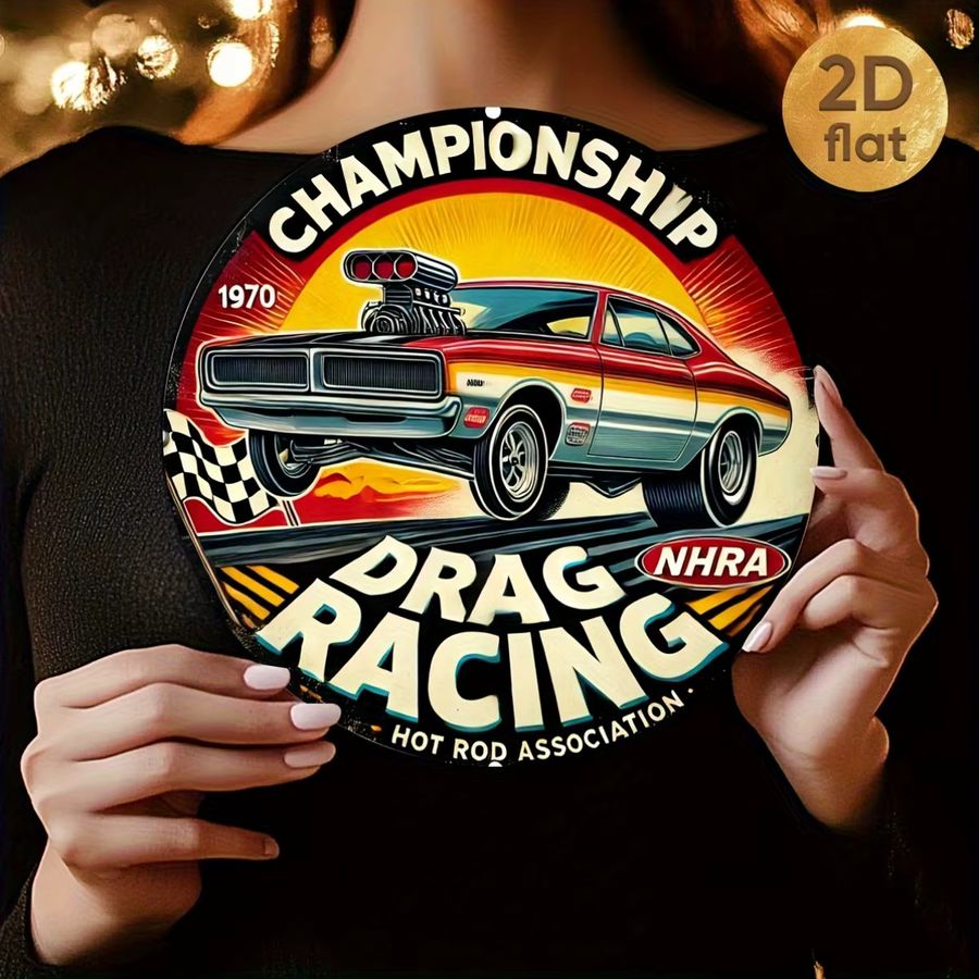 Vintage NHRA Drag Racing Wanddekoration von Potdemiel, runde Aluminiumplatte mit Hot-Rod-Design und kariertem Muster, Durchmesser: 19,99 cm - Bild 3