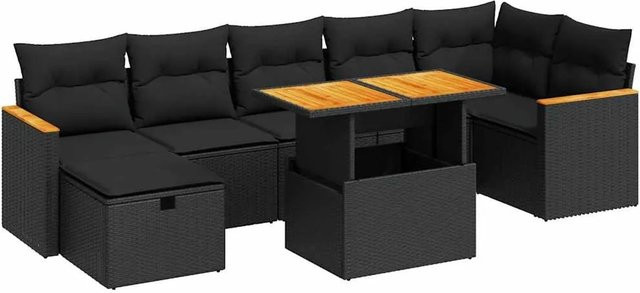 vidaXL 5-teilige Garten-Sofagarnitur aus Poly-Rattan und Akazienholz in Schwarz mit Kissen - Bild 1