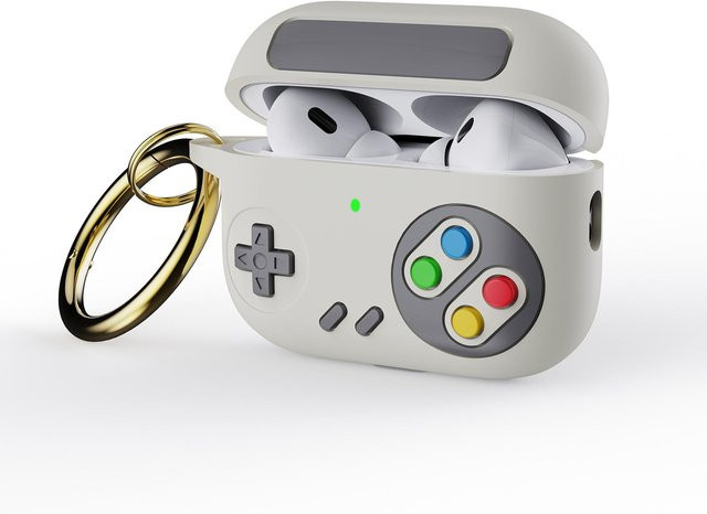 Retro-Spielekonsole Silikonhülle für Apple AirPods Pro 2, AirPods Pro, AirPods 4, 3 und 2 in Weiß mit Metallring - Bild 1