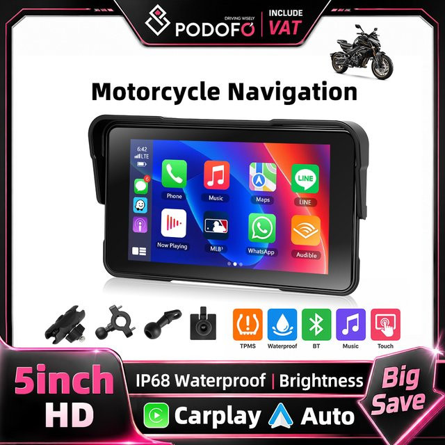 Podofo 5-Zoll Motorrad-Monitor mit kabellosem CarPlay und Android Auto, IP68 wasserdicht, GPS und Bluetooth, Farbe: Schwarz - Bild 1