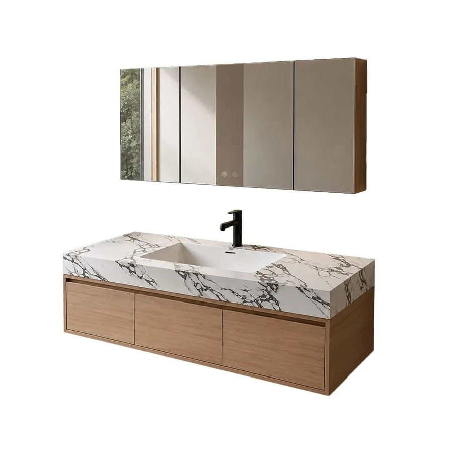 360Home Badmöbel Set mit Sinterstein Waschbecken und Spiegelschrank in Braun, Wandhängender Waschtischunterschrank mit LED-Beleuchtung und Anti-Beschlag-Funktion, Breite: 140 cm, Tiefe: 55 cm, Höhe: 3 cm - Bild 2