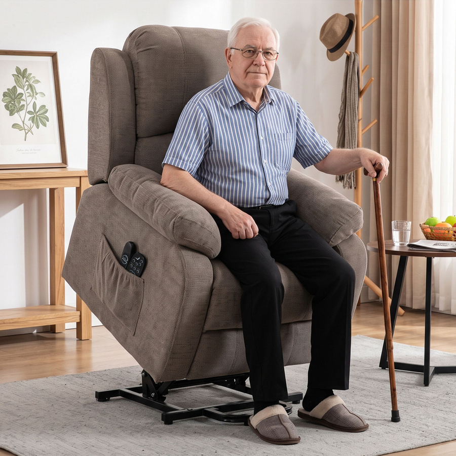 HOMCOM Elektrischer Aufstehsessel mit Massagefunktion und Heizung in Hellbraun, verstellbarer Relaxsessel mit Fußstütze und USB-Anschluss für Senioren - Bild 2