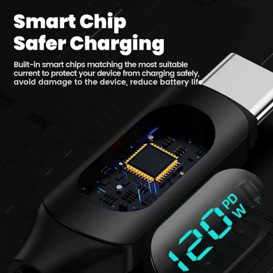 PD 120 W USB-A auf USB-C Datenkabel mit Digitalanzeige für Samsung Huawei Xiaomi OnePlus, Schwarz - Bild 6