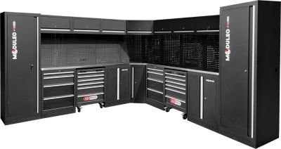 KS Tools Werkstattsystem L-Form in Schwarz mit Pegboard, LED-Beleuchtung, Steckdosen, USB und Stauraum, B/T: 340 x 340 cm - Bild 1