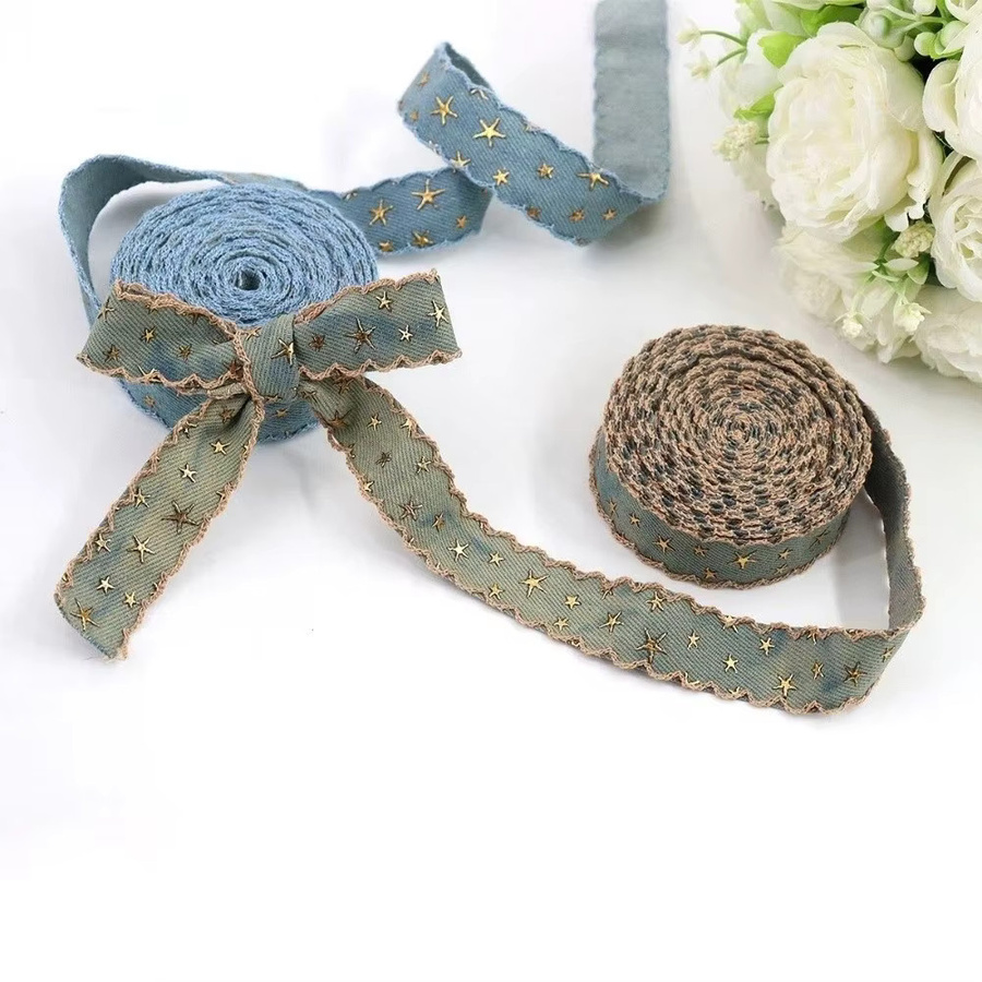Denim-Stoffband mit goldfarbenem Sternmuster in Blau, Breite: 3,8 cm - Bild 3