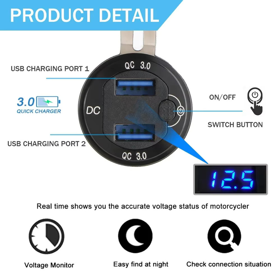 Hella DIN USB Ladegerät mit USB PD 3.0, QC 3.0, USB-C und Voltmeter sowie ON-OFF Schalter in Schwarz für BMW und Ducati Tiger 900 800 - Bild 2