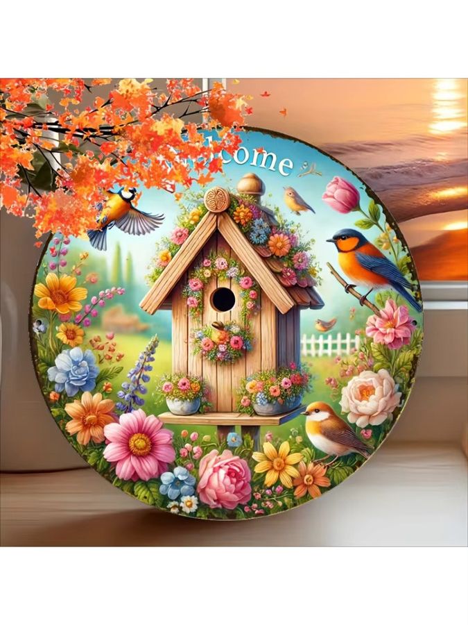 Rundes Willkommensschild aus Holz von Potdemiel mit Vogel und Blumen im Vintage-Stil, Multicolor, Durchmesser: 20,32 cm - Bild 4