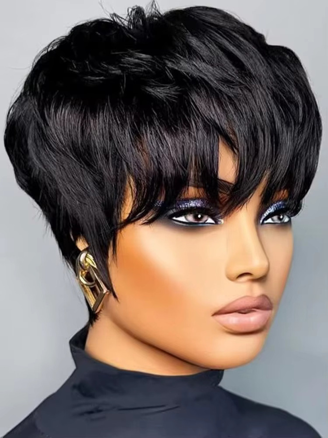 OYM HAIR Pixie-Schnitt-Perücke, schwarz, Echthaar mit Pony, Damen - Bild 5