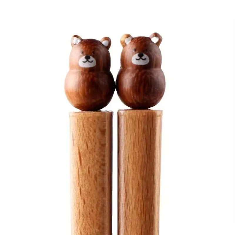 Handgeschnitzte Essstäbchen aus Buchenholz in Form von Shiba-Bär, Kaninchen oder Katze, Farbe Braun, Matt - Bild 3