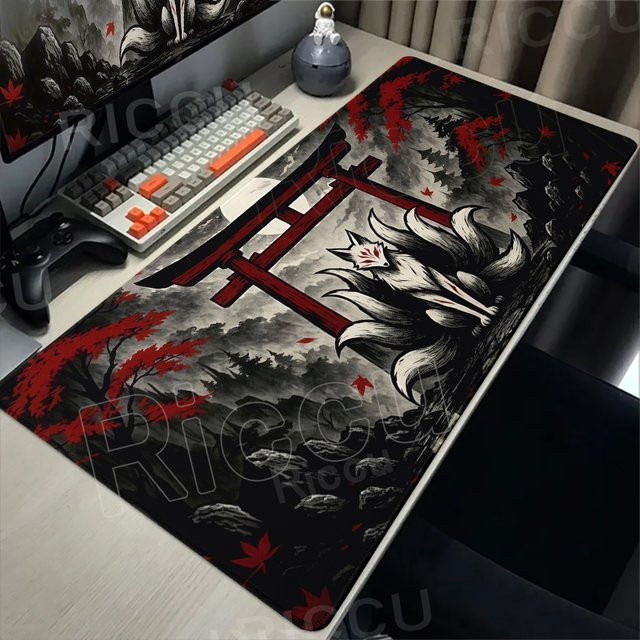 Riccu Gaming-Mausmatte mit Anime-Fuchs-Design in Schwarz-Rot, erweiterte Schreibtischunterlage für PC und Büro - Bild 1