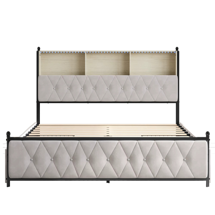 Anajqaqia Polsterbett aus Samt in Beige mit 4 Schubladen, LED-Beleuchtung und USB-Ladefunktion, B/T/H: 140 x 200 cm - Bild 2