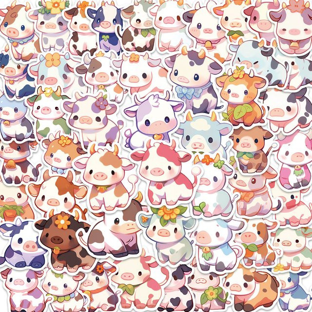 50 Stück Regenbogen-Kuh Cartoon-Aufkleber von YIIMANNER, wasserfeste Vinyl Sticker in Multicolour für Koffer, Wasserflaschen und DIY-Dekoration - Bild 1