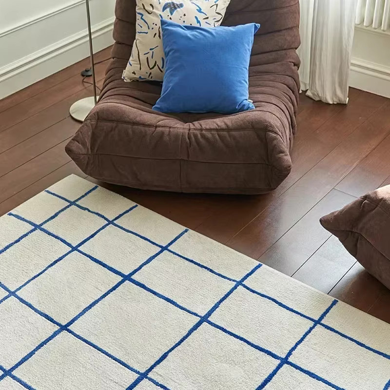 VIKAMA Teppich im koreanischen Plaid-Design für Wohnzimmer und Schlafzimmer, Weiß-Blau, 120 x 160 cm - Bild 3