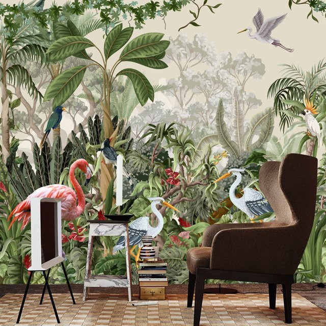 Selbstklebende ShineHome Fototapete mit Flamingo- und Botanik-Dschungel-Motiv in Mehrfarbig - Bild 1