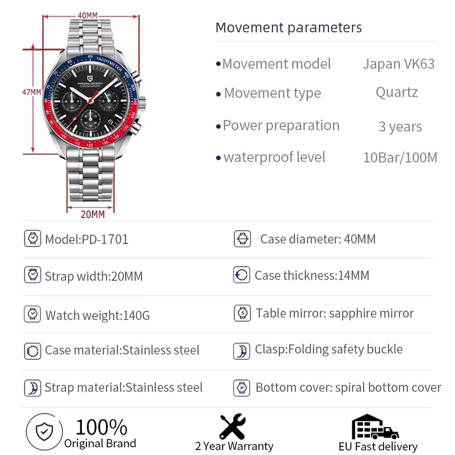 Pagani Design Chronograph, Quarz, Edelstahl, Schwarz, Herren - Bild 6