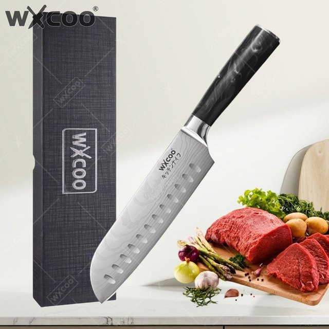 WXCOO Professionelles Küchenmesser Set in Silber mit Aufbewahrungsbox, bestehend aus Fleischmesser, gezahnten Steakmessern, Santoku und Fischfiletiermesser - Bild 1